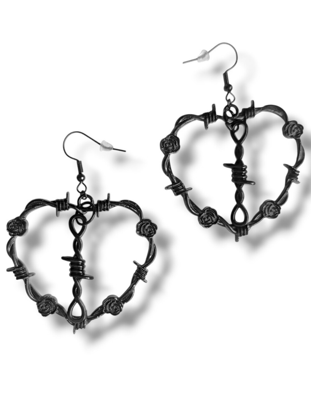 NWT Large Handmade Black Heart Shaped Barbed Wire Earrings